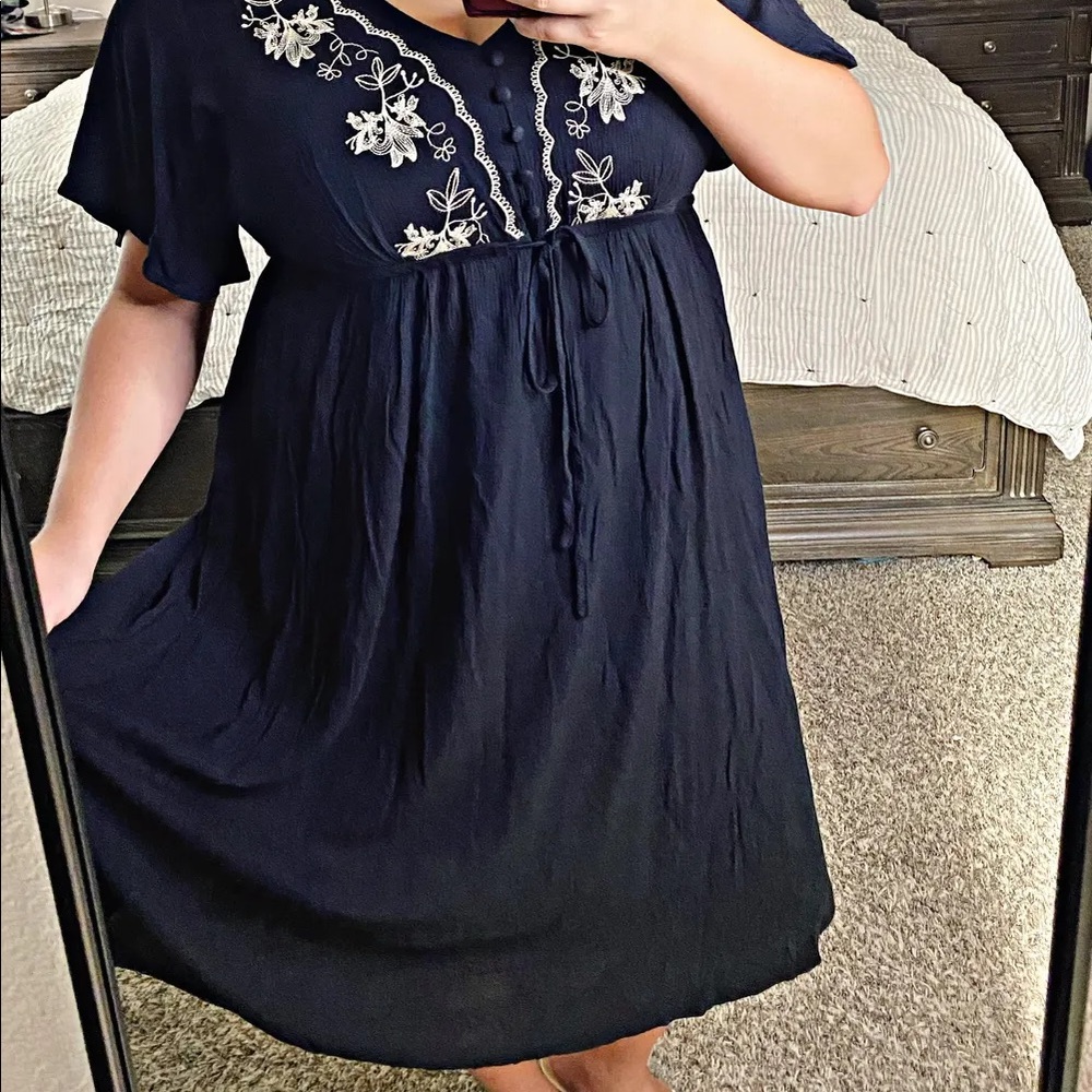 Black embroidered midi tea dress